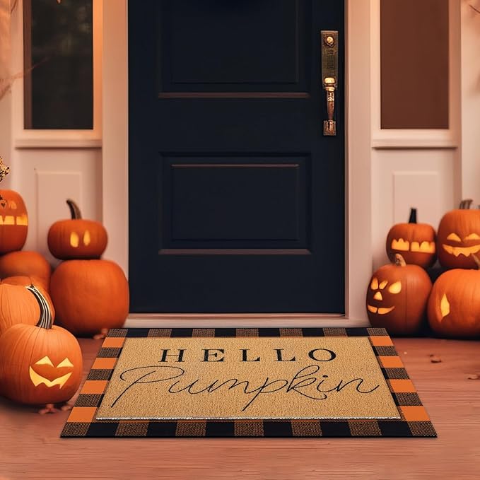 2 Pcs Halloween Door Mat Thanksgiving Hello Pumpkin Welcome Non Slip Coir Mats Fall Black Orange Buffalo Plaid Floor Layering Doormats Seasonal for Front Porch Entryway Decor(Black Orange)