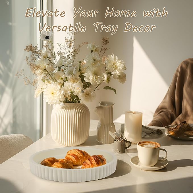 Round Decorative Tray for Coffee Table Decor-Modern Home Decor Tray-Concrete Coffee Table Serving Tray-Centerpiece Table Tray-Ottoman,Vanity, Bathroom, Kitchen,Dresser (White)