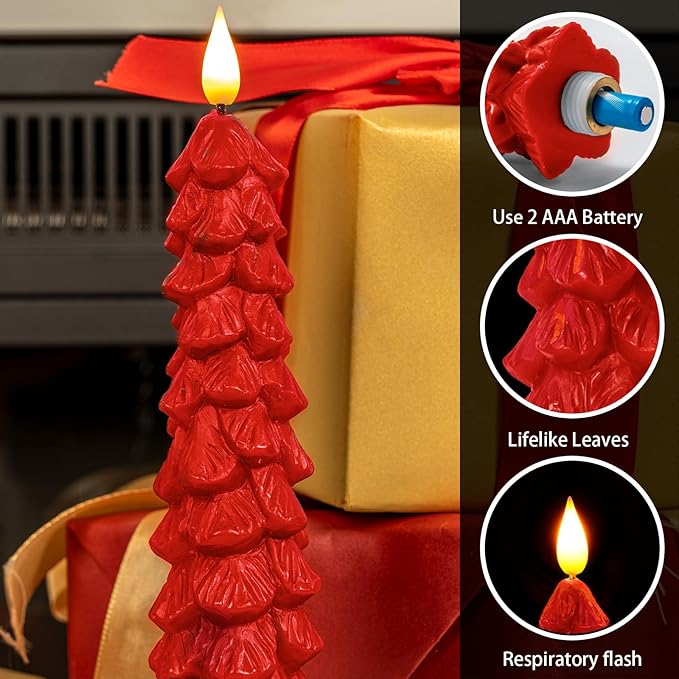 Homemory 3 Pcs Christmas Tree Candles with Remote, Waxy Flameless Taper Candles Flickering, Red LED Candlesticks Battery Operated for New Year Celebration Holiday Decorations 9.7 Inches