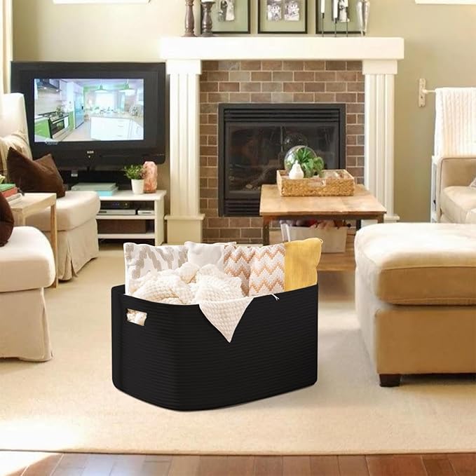 OIAHOMY XXLarge Rectangle Blanket Basket-96L, Cotton Woven Basket for Storage, Dirty Clothes Baskets for Living Room, Nursery, Bedroom, Toy Organizing with Handle, 24" x 16" x 15", Charcoal Black
