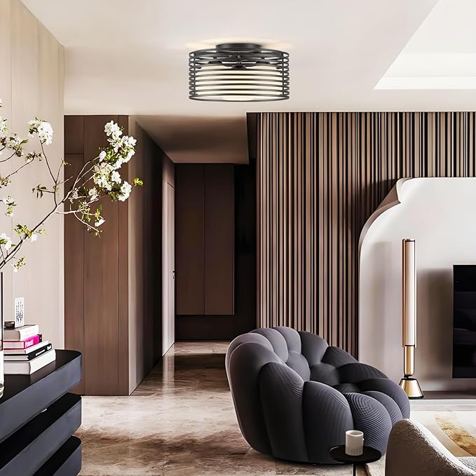 Modern Industrial Matte Black Round Semi Flush Mount Ceiling Light Fixture,Close to Ceiling Lamp Lighting Fixtures With Globe Milk Glass Cover,for Kitchen Master Bedroom Living room Hallway(12.79 in)