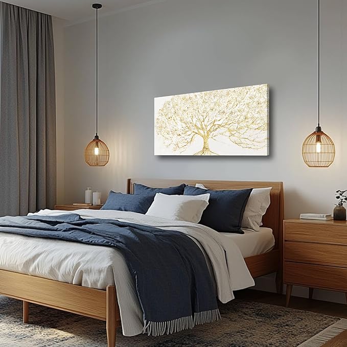 GAIDUOMAI Modern Abstract Tree Painting on White Background Gold Minimalist Art work for Bedroom Office Posters Entryway Wall Decor 24x48 Inch