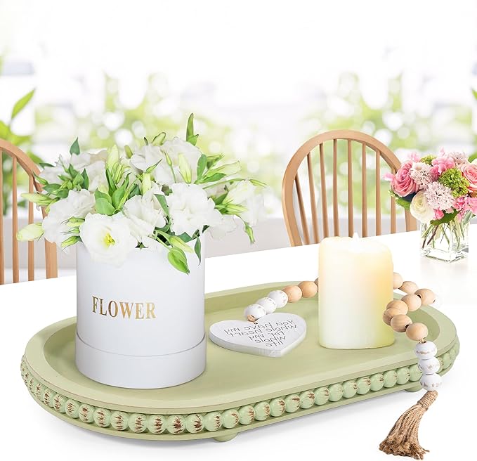 HPC Decor 15in Oval Tray for Home Decor - Green Wood Beaded Tray - Decorative Serving Tray,Rustic Farmhouse Wooden Trays for Vintage Centerpiece,Kitchen Counter,Living Room Decor,Coffee Table Decor.