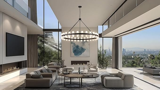 60 Inch Black Wagon Wheel Chandelier with Crystal Shade, 60 Lights, Modern Farmhouse Style, Ideal for Dining Room, Kitchen, Entryways