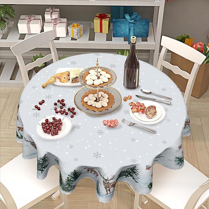 Winter Christmas Round Tablecloth 60 Inch Winter Snow Tree Deer Decorative Table Cloth Winter Holiday Table Cover for Christmas Party Kitchen Dining Room Holiday Picnic Home Indoor Outdoor Decor