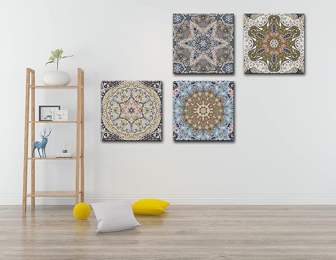 dgbtcart Bathroom Decor Mandala Wall Art, Boho Artwork Floral Pictures Painting Prints for Living Room Decoration - 12”x12”x4 Panel