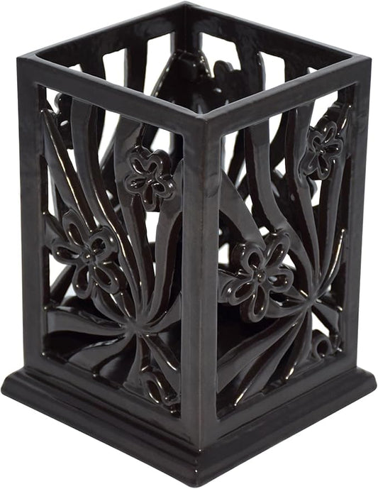 Kitchen Utensil Holder for Countertop Vintage Cast Iron Metal Utensil Storage Spatula Holder for Kitchen Counter with Hollowed-out Daffodil Pattern, Black