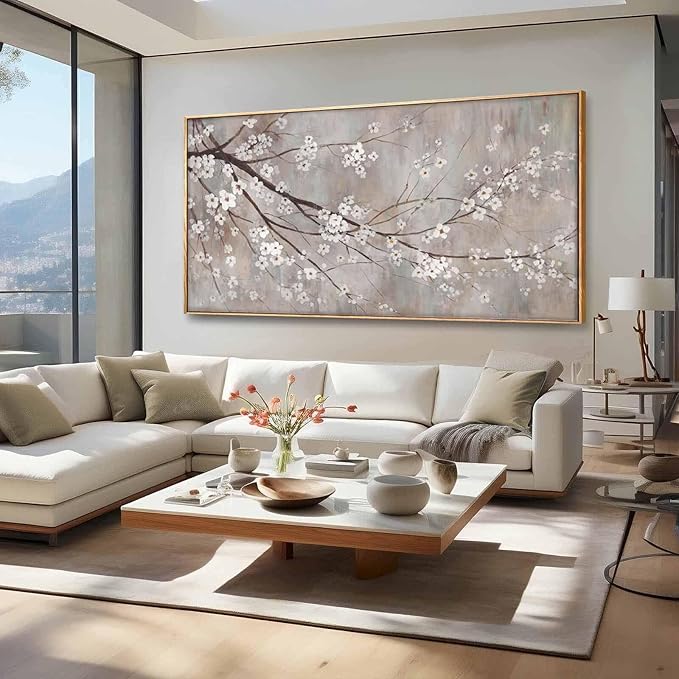 XIANSHOU White Floral Wall Art Plant Canvas Wall Pictures Brown Wall Decor 36"x70" Bedroom Artwork for Wall Over Bed Decoration for Living Room