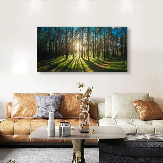 Sunrise Forest Pictures Canvas Wall Art for Living room Office Bedroom Wall Decor,Forest Wall Art Print Paintings Modern Green Nature Landscape Artwork Waterproof Ready to Hang-28x57 inch