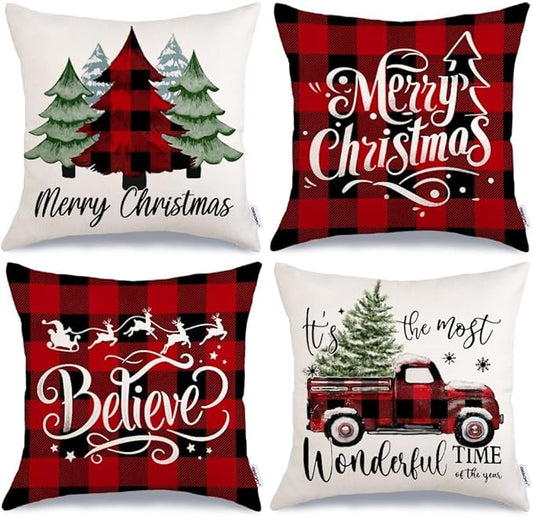 GEEORY Merry Christmas Throw Pillow Covers 18x18 Inch Set of 4, Xmas Trees Truck Buffalo Plaid Believe Farmhouse Decorative Cushion Cases for Home Decoration G421-18