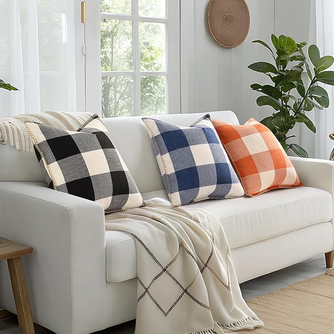 decorUhome Buffalo Plaid Check Throw Pillow Covers 22x22 Set of 2, Outdoor Linen Decorative Farmhouse Gingham Pillow Covers with Stitched Edge for Bed Couch Sofa, Navy Blue and White
