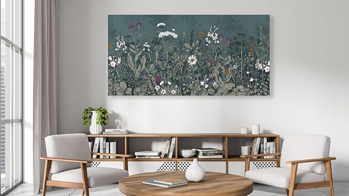 NINEASO Botanical Canvas Wall Art - Dusty Blue Wildflower Nature Pictures Bloom Floral Wall Decor Flower Plants Painting Print Artwork for Living Room Bedroom Home Office Decorations 24" x 48"