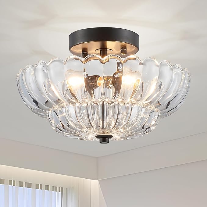 XINGQI Modern Chandelier Vintage Semi Flush Mount Ceiling Light Fixture Small Black 3-Light Close to Ceiling Scalloped with Clear Glass Shade for Living Room Entryway Bedroom Closet