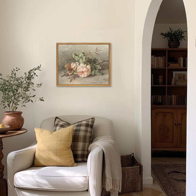 KBKBART Vintage Wall Decor Prints, Retro Still Life Flower Canvas Wall Art, Framed Classical Pink Botanical Print, Vintage Art Painting Flower Wall Decor for Bedroom Living Room Bathroom