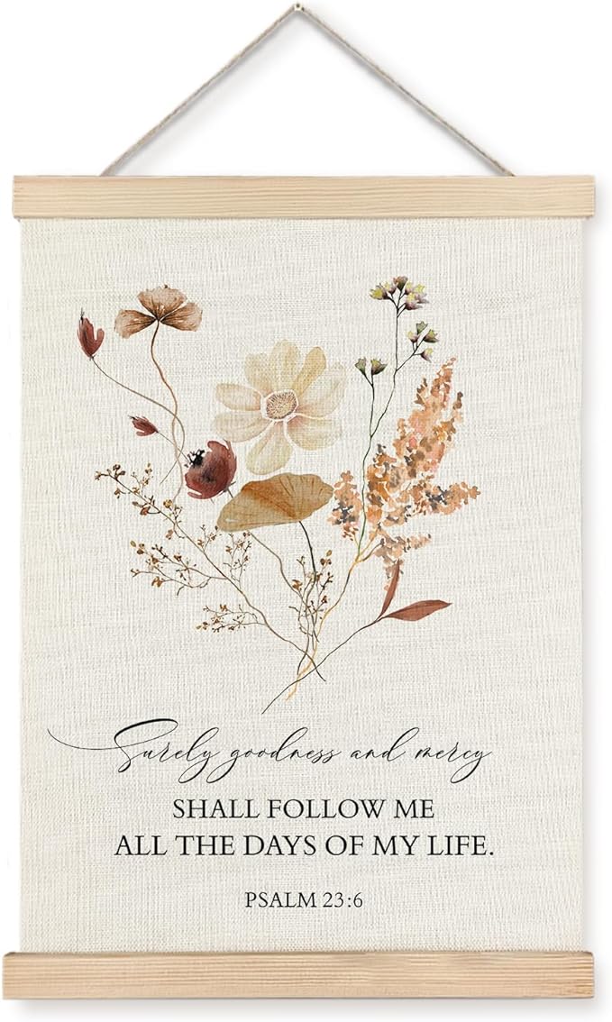 Supwhd Boho Floral Christian Wall Art with Wooden Poster Hanger, Goodness and Mercy Shall Follow Me Posters Wall Art Decor, Christian Wall Decor for Home Room, 12x16
