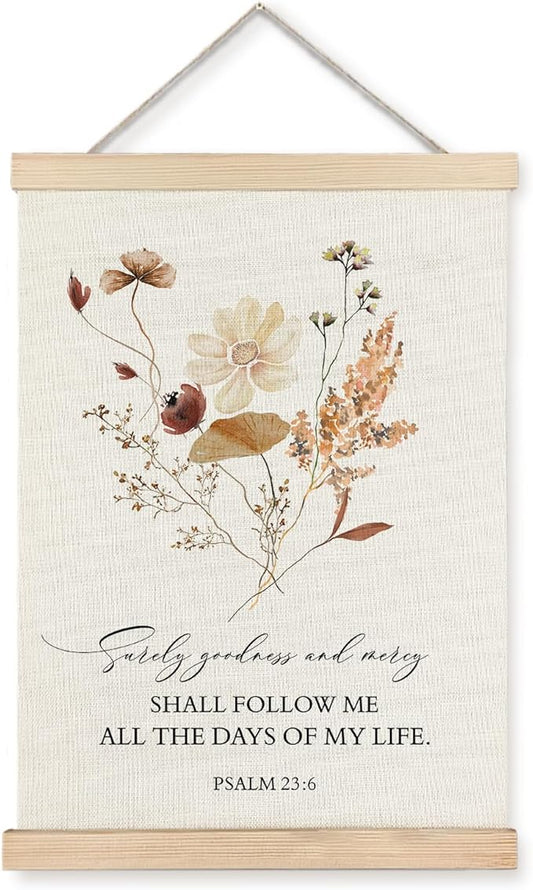 Supwhd Boho Floral Christian Wall Art with Wooden Poster Hanger, Goodness and Mercy Shall Follow Me Posters Wall Art Decor, Christian Wall Decor for Home Room, 12x16