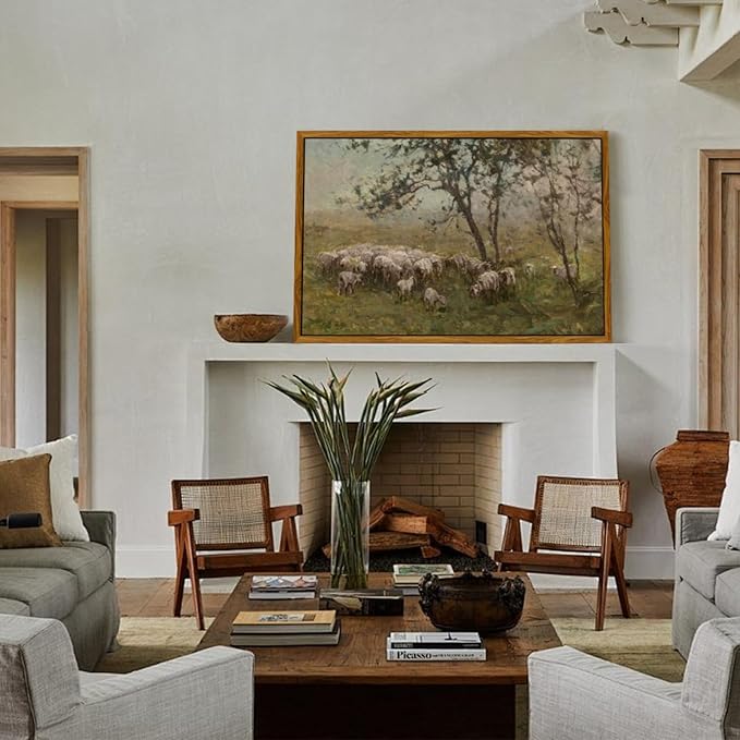 crmotu Vintage Framed Wall Art, Animal Landscape Canvas Prints, Prairie Sheep Rustic Farmhouse Decor Pictures, French Country Retro Paintings Wall Decor Living Room Bedroom Bathroom Kitchen 20x30in