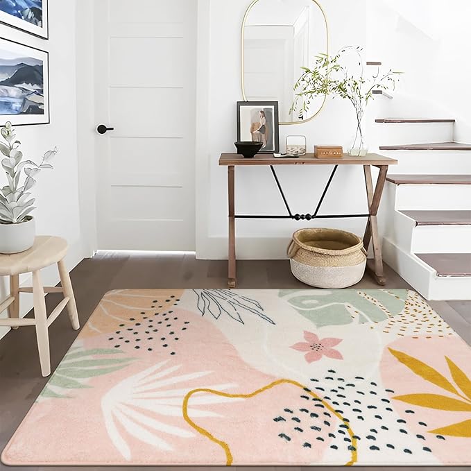 Lahome Pink Rug for Living Room - 5x7 Area Rug Washable Non-Slip Boho Rugs for Bedroom Throw Cute Soft Kids Nursery Rug, Abstract Botanical Print Carpet for Classroom Dorm Entryway Office Dining Room