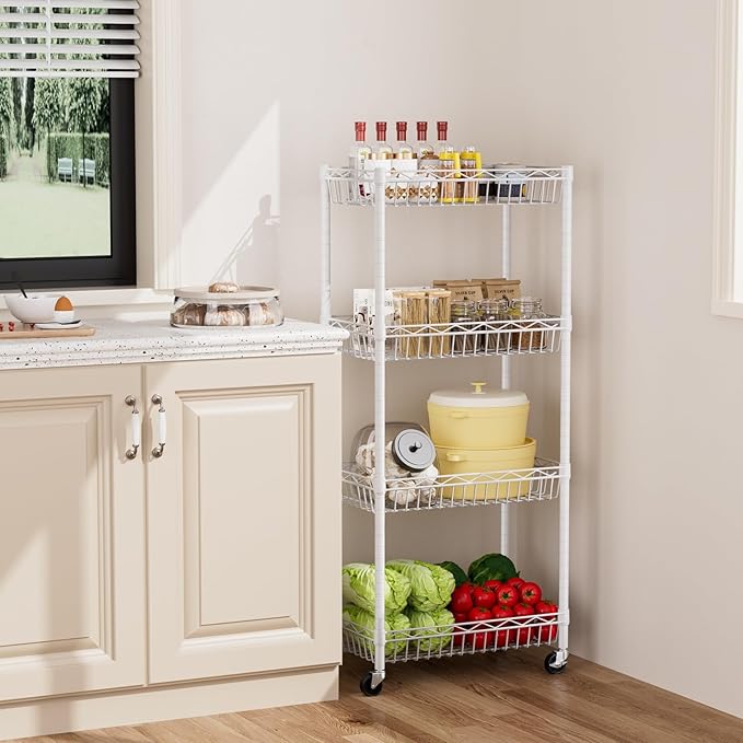 4 Tier Basket Shelf Wire Shelving Unit Adjustable Storage Shelves Big Basket Rack for Garage Kitchen Office Pantry Corner 17.2" Dx12.2 Wx50 H White