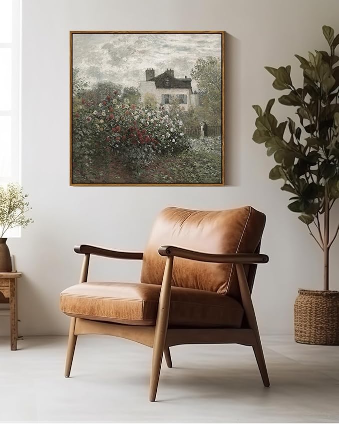 InSimSea Square Framed Canvas Wall Art, Large Decor Monet Flower Garden Paintings, Garden Scenery Wall Pictures for Bedroom Bathroom Living Room, Canvas Prints Vintage Farmhouse Decor 24"x24"