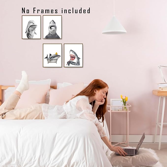 FITIE Funny Shark Bathroom Wall Art Posters Set of 4, Ocean Shark Bathroom Decor, Coastal Beach Humorous Sea Animal Sharks Canvas Prints Artwork Wall Decor for Bath Wash Room, 8x10 Unframed