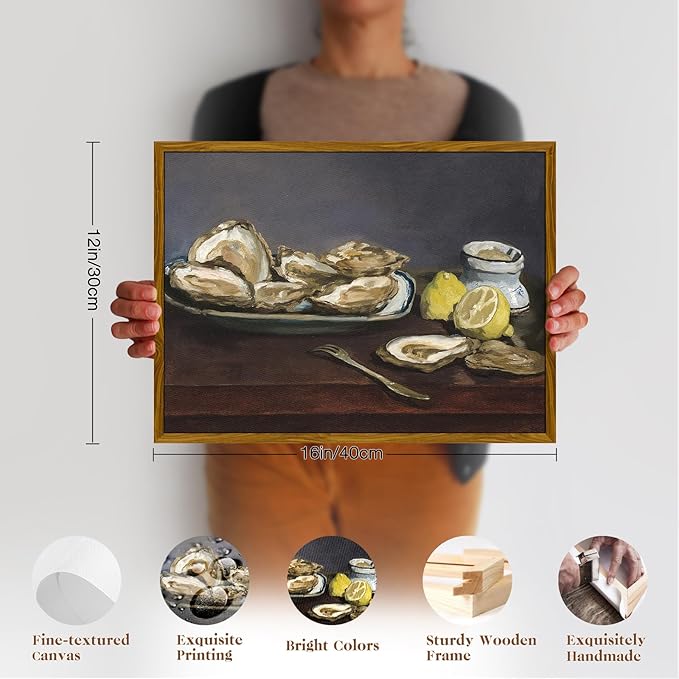 crmotu Vintage Framed Wall Art, Oysters and Lemon Kitchen Decor Painting, Still Life Artwork Canvas Prints, Rustic Farmhouse Wall Decor Living Room Dining Room Tabletop Aesthetic Pictures 12x16in