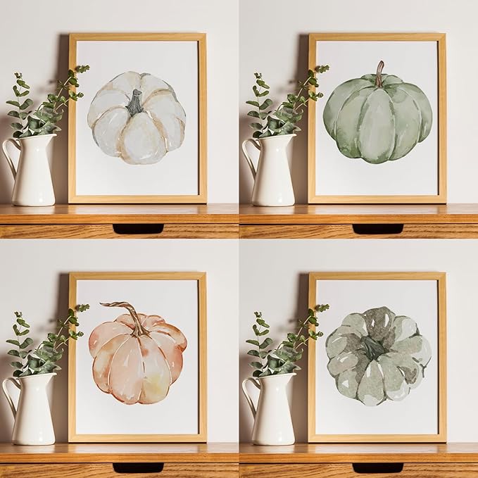 JXREQ 4Pcs Pumpkin Fall Wall Art Decorations for Home, Fall Pumpkins Decor, Autumn Wall Decor for Kitchen Bathroom Bedroom Living Room Office, 8x10 Inch Unframed