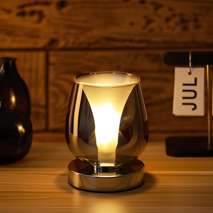 Small Touch Bedside Table Lamp, Modern Small Lamps for Bedroom Living Room Nightstand, Desk lamp with Smoky Grey Glass Lampshade, 4 x 4 x 5 inch Accent Night Light for Dining Room and Office