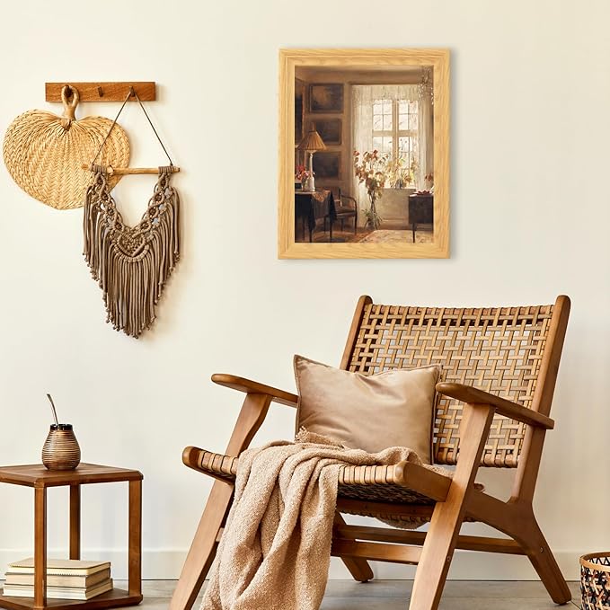 Brivoria Framed Canvas Wall Art Vintage Decor, Realistic Scandinavian Interior with Sunlit Window, Chair, Greenery and Autumn Light for Hallway Reading Nook Bathroom or Cozy Nature Display, 13"x16"