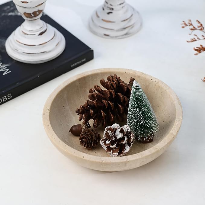 Marble Decorative Bowl for Kitchen Counter, Natural Travertine Serving Bowl with,Modern Display Bowl for Dining Table Centerpiece Home Decor(7.8 Inch)