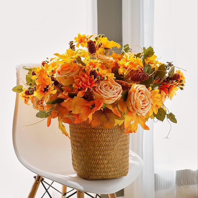 Anna's Whimsy 2 Pcs Artificial Plants Indoor,Thanksgiving Fall Artificial Flowers, Fall Decor Silk Flowers Bouquet for Home Wedding Thanksgiving Decoration (Golden, 2)
