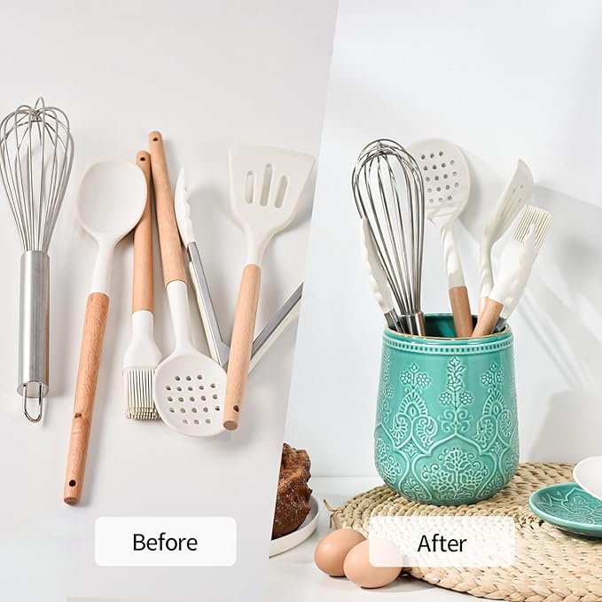 Utensil Holder, Large Utensil Holder for Kitchen Counter, 6.5”Ceramic Cooking Utensil Organizer, Kitchen Decor for Counter (Turquoise)