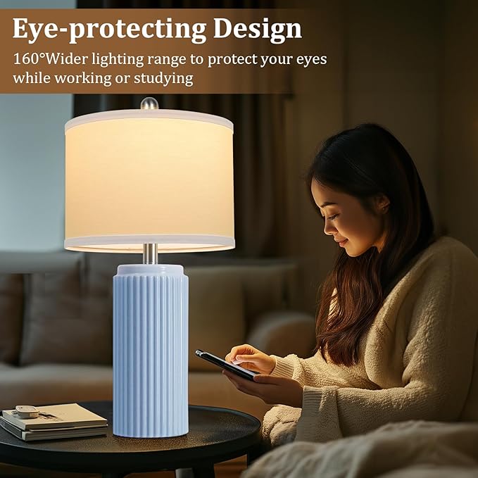 23.5’’ Sky Blue Farmhouse Table Lamps for Living Room Set of 2, Modern Elegant Ceramic Bedside Nightstand Lamps with White Linen Shade for Bedroom, Coastal Lamps Set for Study Home Office
