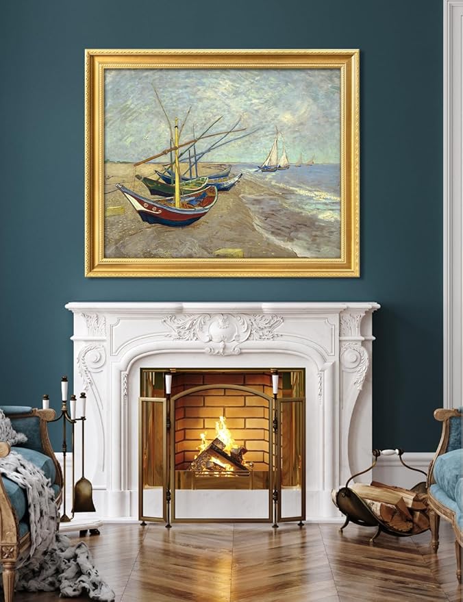 DECORARTS - Vincent van Gogh's Boats at Saintes-Maries. Museum-Quality Giclee Print on Cotton Canvas, Gold Wood Frame with Ornate Detailing, Framed Size: 34.75x28.75, Made in USA
