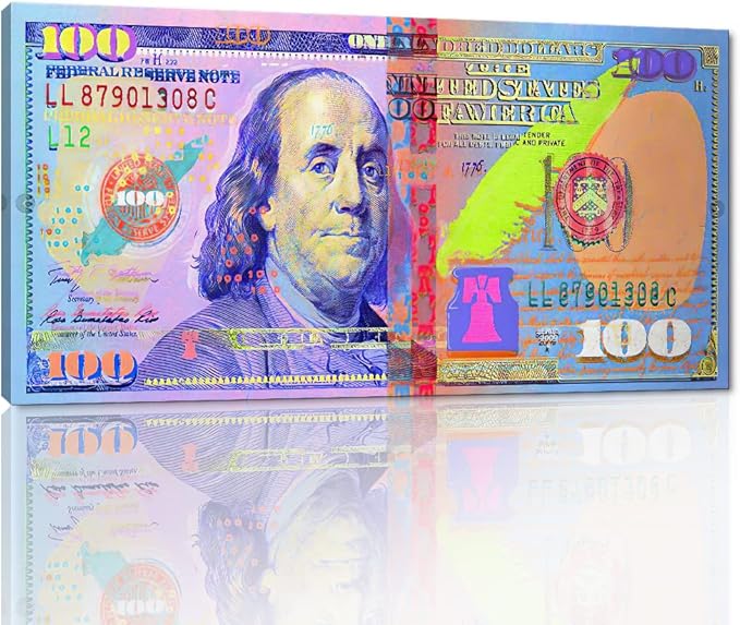 Large Money Poster Prints Inspiratioanal 100 USD Canvas Wall Art US One Hundred Dollars Bill Picture Wall Decor Modern Money Artwork for Living Room Bedroom Home Office, Framed 48 x 24 in