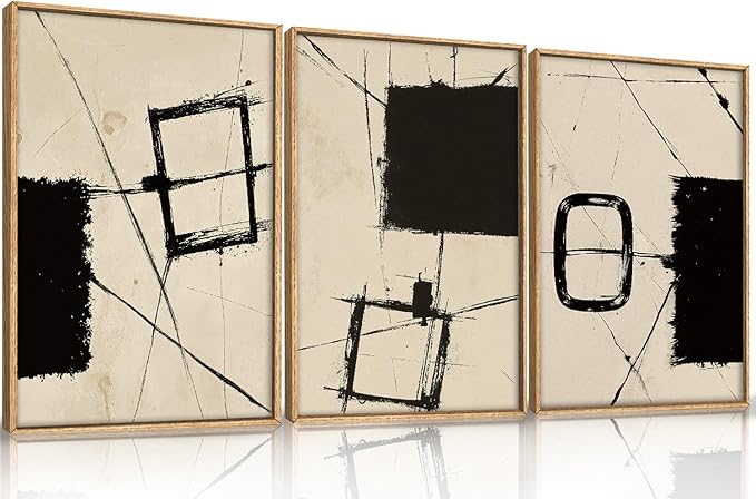 HOURIA Abstract Geometric Framed Canvas Wall Art Set,Black and Beige Brushstroke Wall Decor,Neutral Modern Wall Painting,Textured Line Drawing Art Prints for Living Room, Bedroom, Farmhouse-16 x24 x3