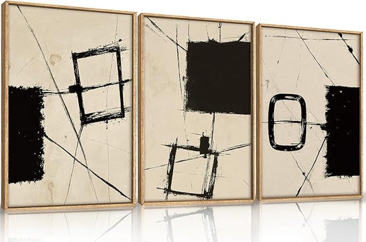 HOURIA Abstract Geometric Framed Canvas Wall Art Set,Black and Beige Brushstroke Wall Decor,Neutral Modern Wall Painting,Textured Line Drawing Art Prints for Living Room, Bedroom, Farmhouse-16 x24 x3