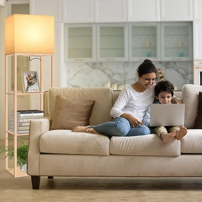 Dott Arts Floor Lamp with Shelves, Wide Floor Lamps for Living Room Display Shelf Lamps with 3 Color LED Bulb,Storage Wood Modern Floor Lamp for Bedroom Standing Lamp for Living Room Office（Burlywood）