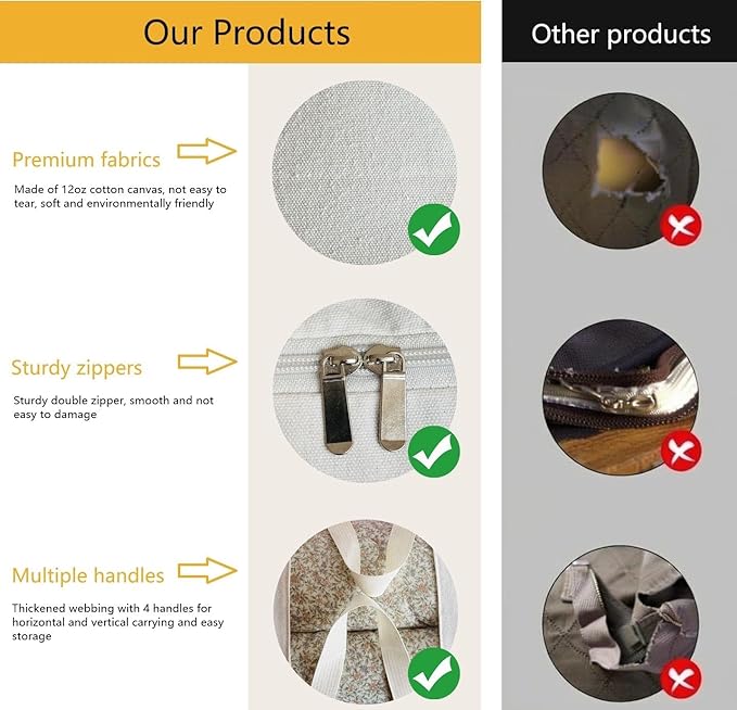 Soft Large Canvas Storage Bags with Zipper and Clear Window, Cotton Linen Storage Organizer for Pillows, Quilt, Blankets and Comforter, 80L, 4 Pack, Beige