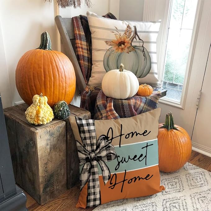 AACORS Fall Pillow Covers 20 x 20 Inch Set of 4, Pumpkin Home Sweet Home Thankful Grateful Blessed Harvest Floral Decorations Autumn Seasonal Pillow Case Decor for Sofa Couch AA275-20