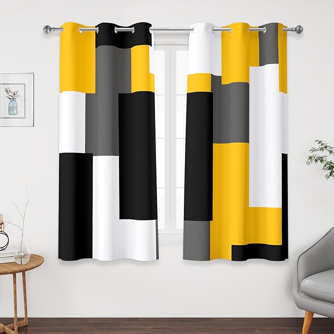 Yellow 100% Blackout Curtains 45 inch Length 2 Panels Set Black White Grey Modern Abstract Geometric Drapes for Kitchen Black Out Curtains Insulated Room Darkening Small Window Curtains, 42Wx45L