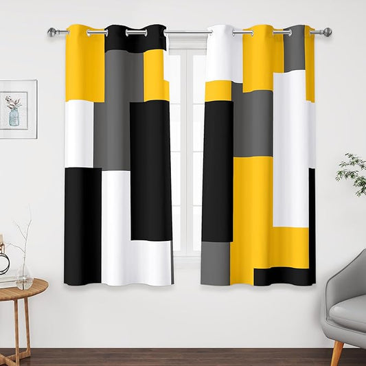 Yellow 100% Blackout Curtains 45 inch Length 2 Panels Set Black White Grey Modern Abstract Geometric Drapes for Kitchen Black Out Curtains Insulated Room Darkening Small Window Curtains, 42Wx45L