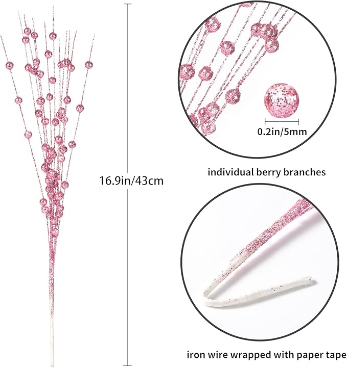 Christmas Artificial Glitter Berry Stem Decorations Decorative Bead Sticks Xmas Picks Glittery Twigs Branches for Christmas Tree Wreath Gift Vase Home Decor Party Ornaments Pink 24 PCS