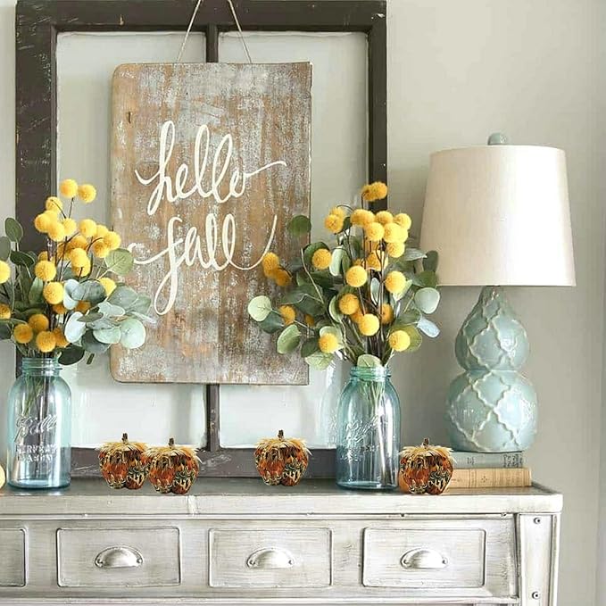 Nature Vibe 4.3 Inches Colorful Feathered Pumpkin Decor Set of 4 for Thanksgiving Decorations, Natural Feather Pumpkins as Fall Home Decor,Centerpieces for Tables or Autumn Harvest Gifts