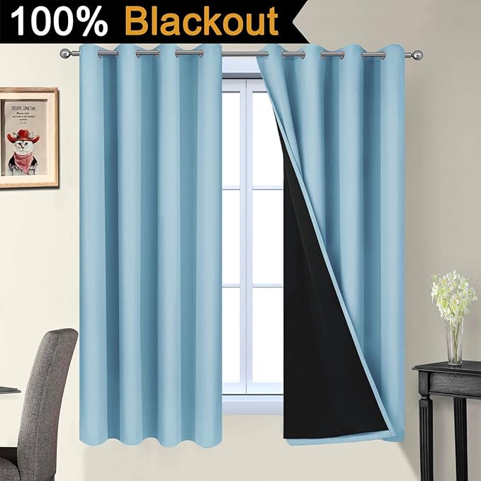 Yakamok 100% Blackout Curtains Energy Saving Thermal Insulated 2 Thick Layers Completely Blackout Drapes with Black Liner for Bedroom (52Wx63L,Sky Blue, 2 Panels)