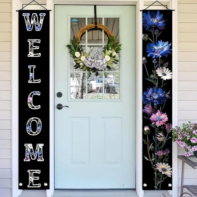 2pcs Welcome Summer Door Banner Colorful Daisy Porch Banners Sign Cornflower Floral Front Door Hanging Decor Banner for Seasonal Home Hawaii Tropical Party Outdoor Decorations