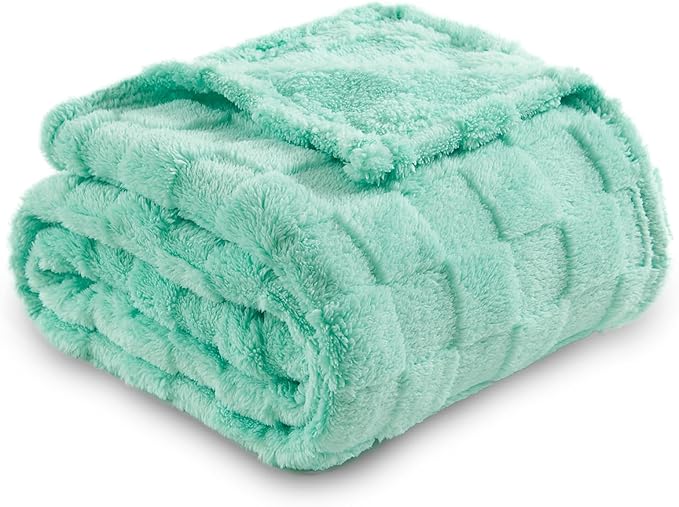 NEWCOSPLAY Super Soft Queen Blanket Aqua Premium Silky Flannel Fleece 3D Checkered Lightweight Bed Blanket All Season Use (Aqua Checkered, Queen(90"x90"))