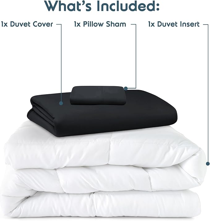 Nestl Twin Duvet Cover Set with Comforter Insert - Black 3 Piece 68x90 Duvet Cover & 1 Pillow Sham with White Quilted Down Alternative Comforter, Ultra Soft, All Season