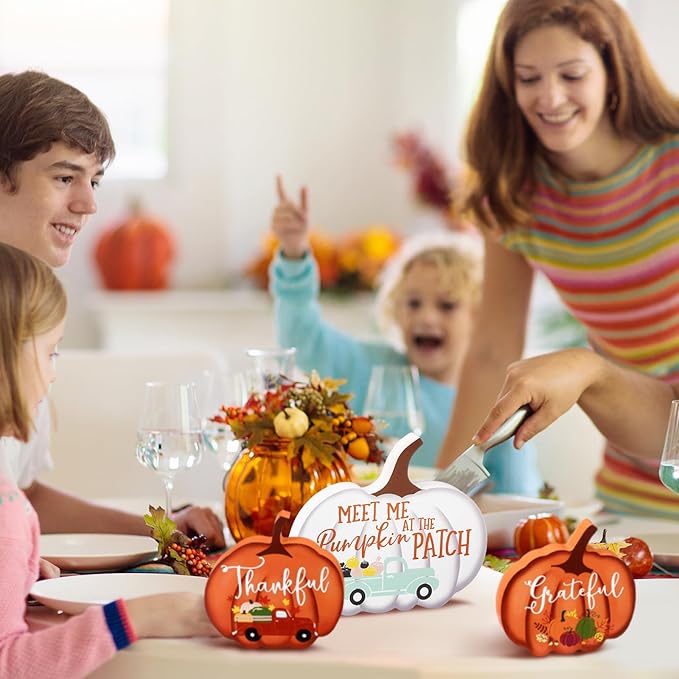 Jetec 4 Pcs Fall Decor for Home Thanksgiving Tiered Tray Decoration Fall Desk Decor Pumpkin Table Centerpiece Welcome Rustic Wood Block Sign for Office Autumn Table Mantel Decoration(Multicolor)