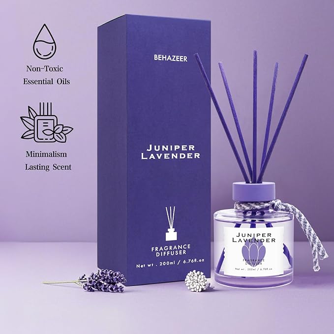 Juniper Lavender Reed Diffuser, 6.77OZ/200ML Large Capacity Natural Non-Toxic Oil, Long-Lasting Fragrance Reed Diffusers Set for Home and Bathroom, Aroma with 5 Reed Diffuser Sticks Gifts